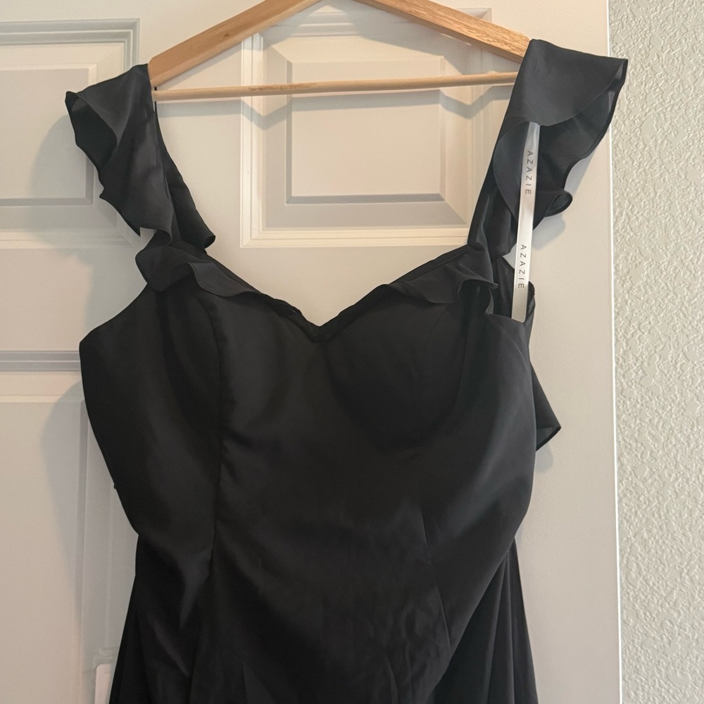 Azazie Black Ruffle Strap Bridesmaid Dress - Picture 3 of 6